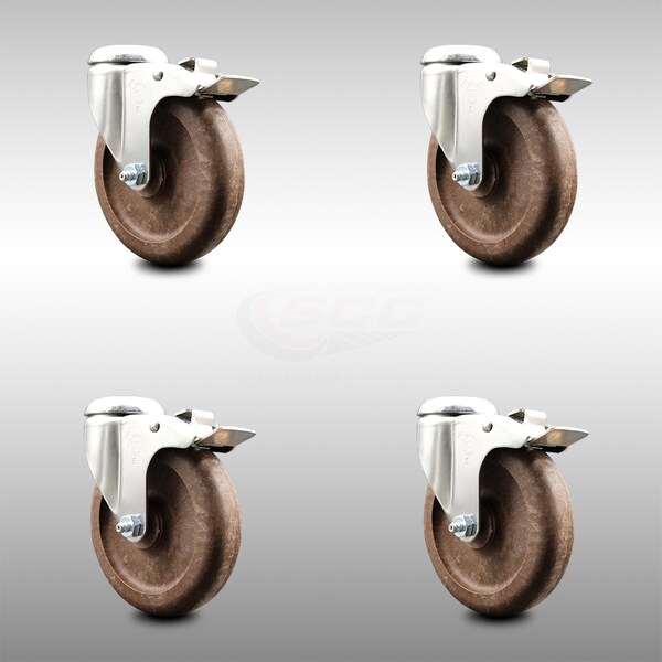 5 Inch 316SS High Temp Glass Filled Nylon Bolt Hole Caster Set with Lock Brake